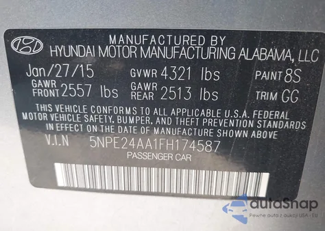 2015 Hyundai Sonata Eco from USA, damaged, VIN 5NPE24AA1FH174587